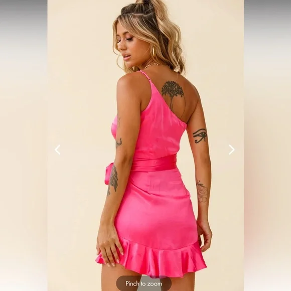 NWT Selfie Leslie DON'T WAIT UP ONE SHOULDER WAIST TIE DRESS HOT PINK - Picture 3 of 6